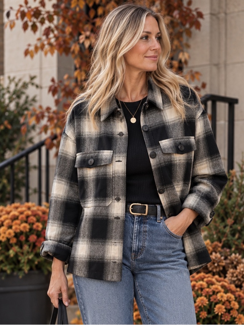 H&M Size Small Plaid Shacket | Black Cream Grey Cotton Fall Layer